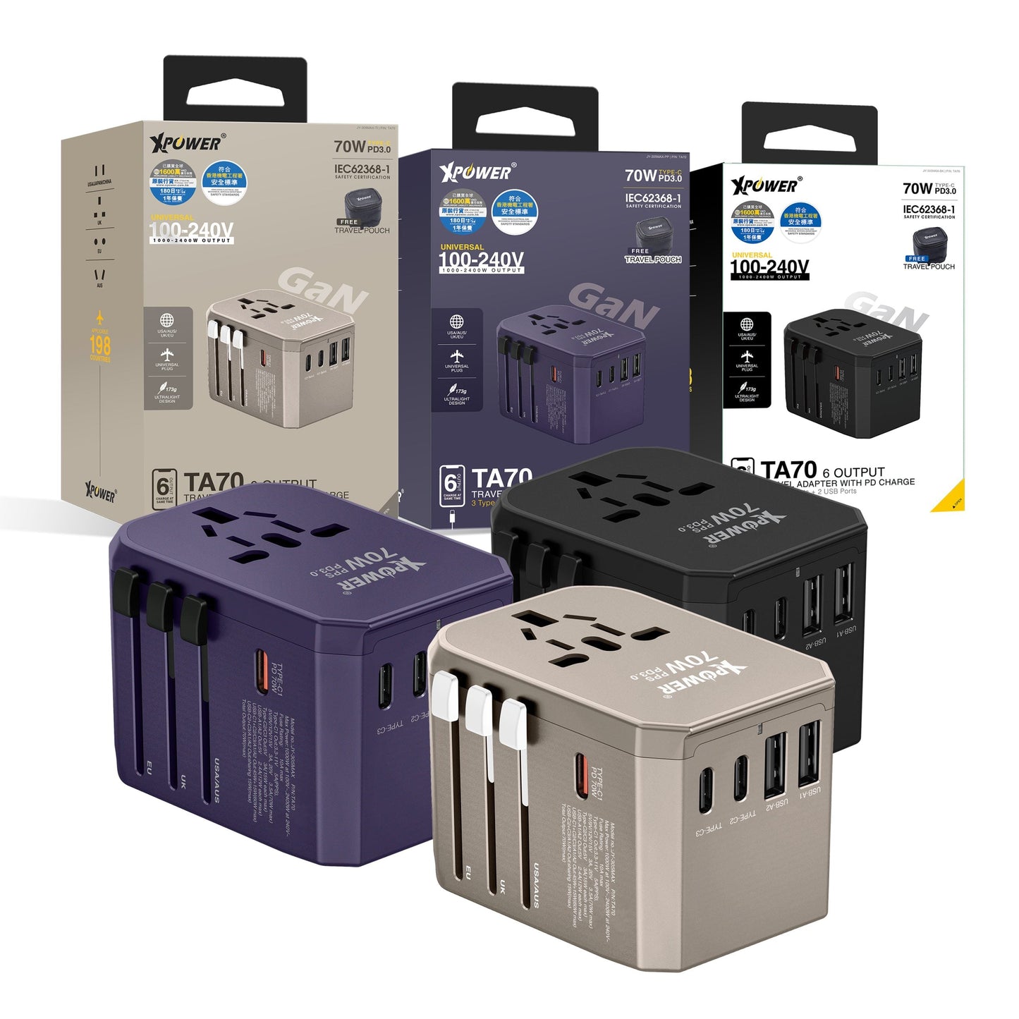 TA70 6輸出PD/PPS 70W Gan旅行充電器