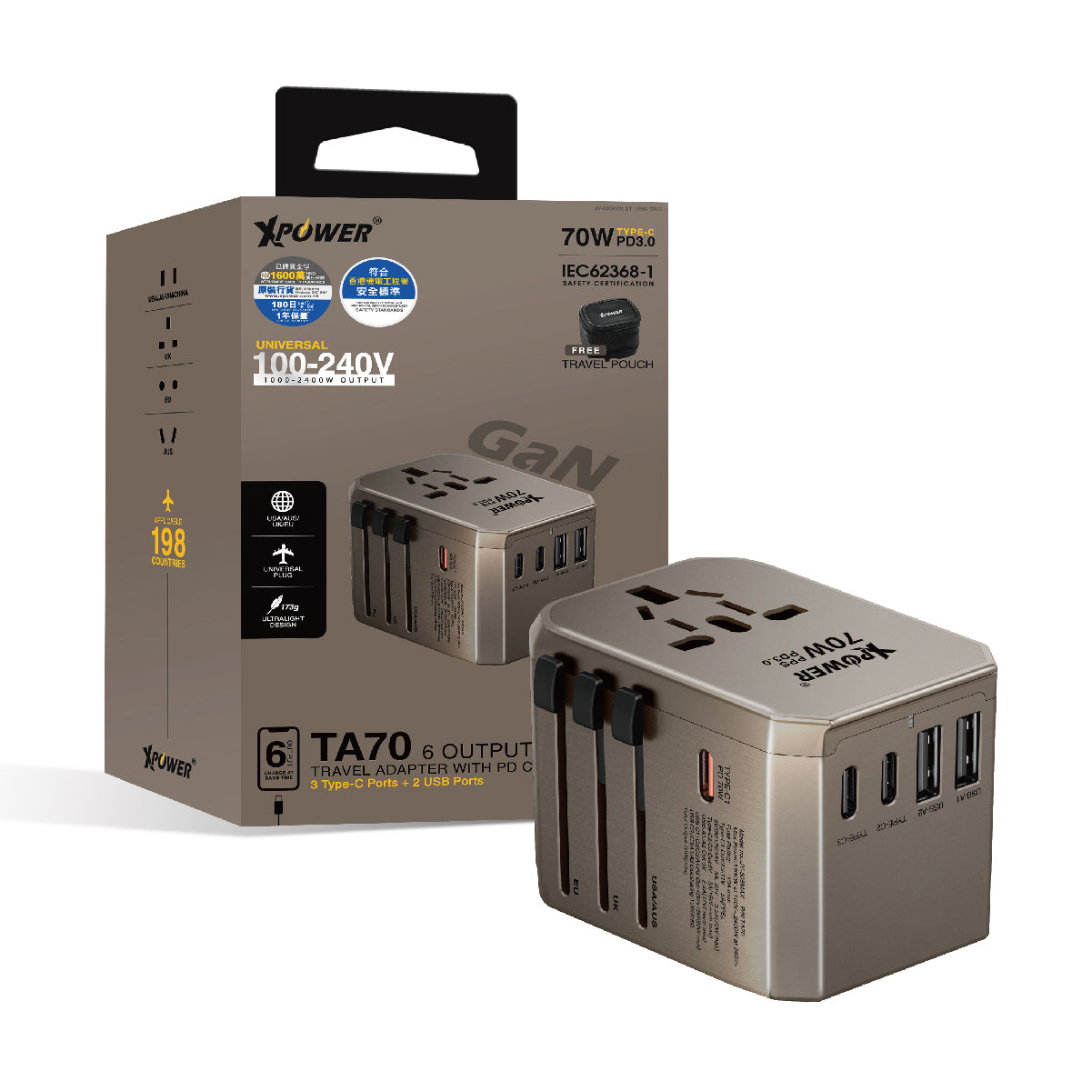 TA70 6輸出PD/PPS 70W Gan旅行充電器