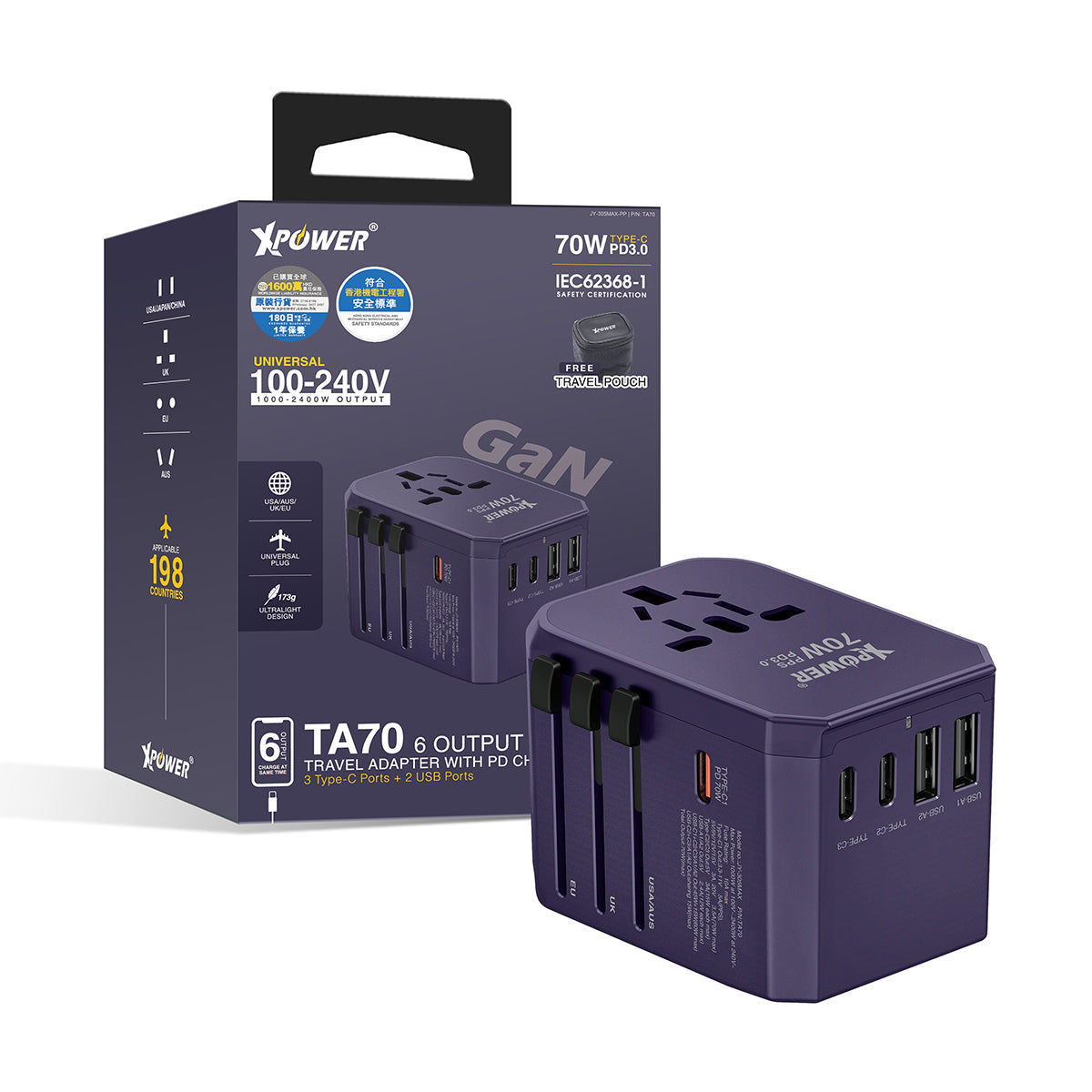 TA70 6輸出PD/PPS 70W Gan旅行充電器