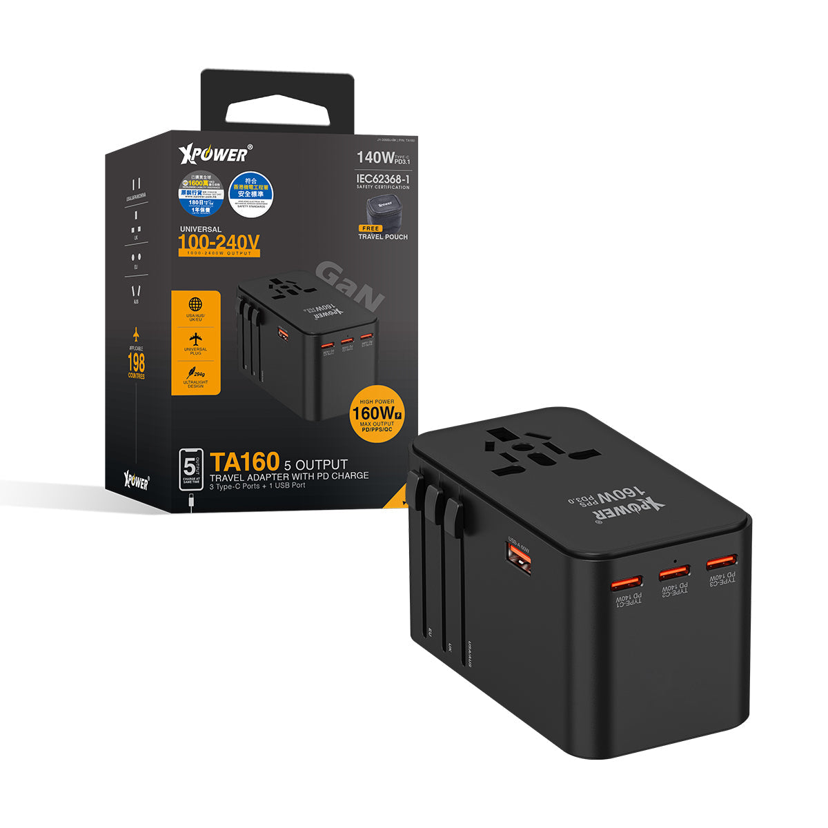 TA160 160W 5輸出 PD 3.1/PPS Gan旅行充電器