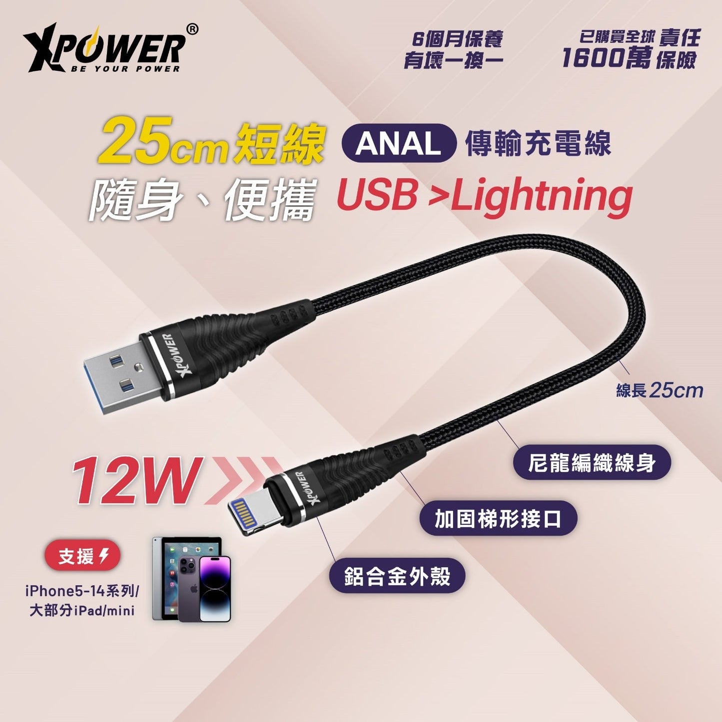 ANAL 25cm鋁合金高速傳輸充電USB>Lightning線