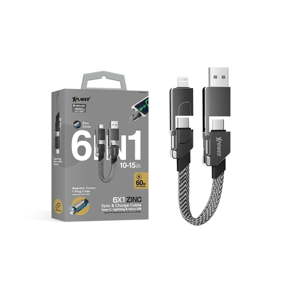 6X1 6合1 60W PD3.0 鋅合金傳輸充電短線