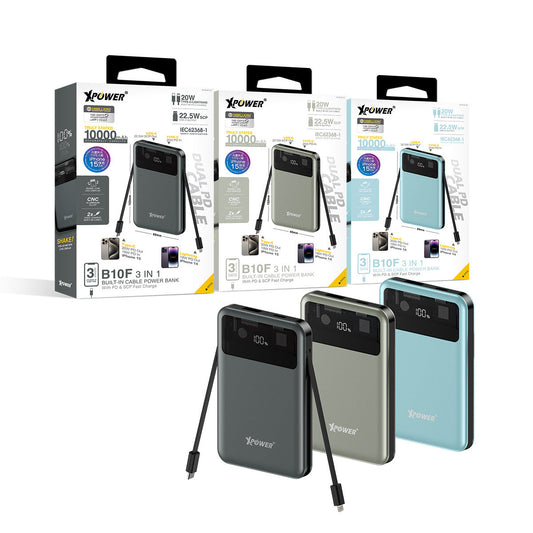 B10F 3輸出 雙PD快充Type-C/Lightning線 10000mAh 外置電池