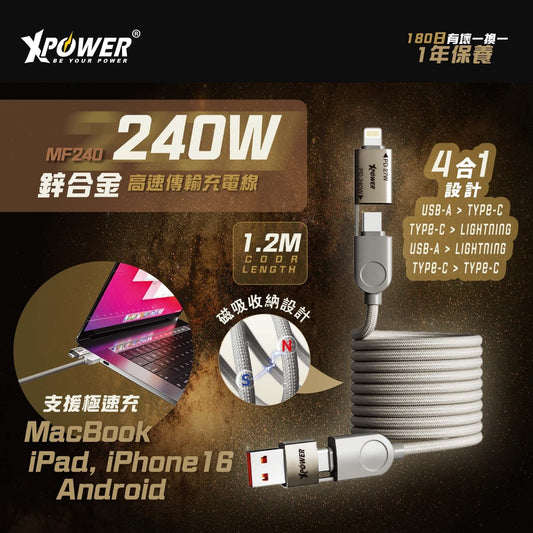MF240 1.2M 磁吸收納 4合1鋅合金 240W高速傳輸充電線