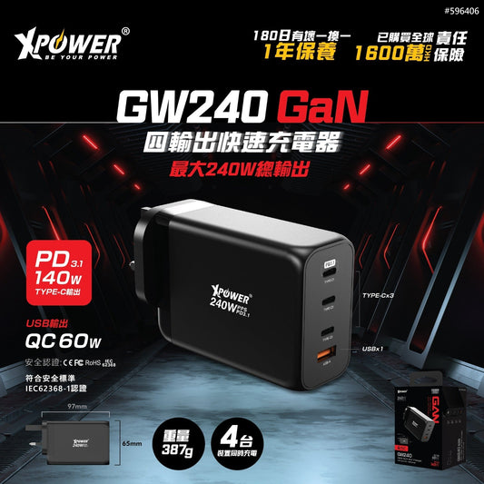 GW240 240W PD 3.1 Gan 4輸出智能充電器