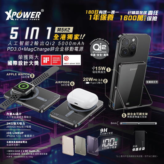M5K2 5合1鋅合金支架數顯 5000mAh PD3.0+QI2 磁吸移動電源