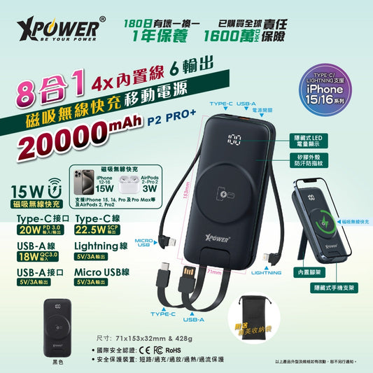 P2 Pro+ 8合1 20000mAh磁吸無線 + PD3.0移動電源