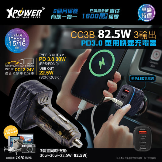 CC3B 82.5W 3輸出 PD3.0 車用快速充電器
