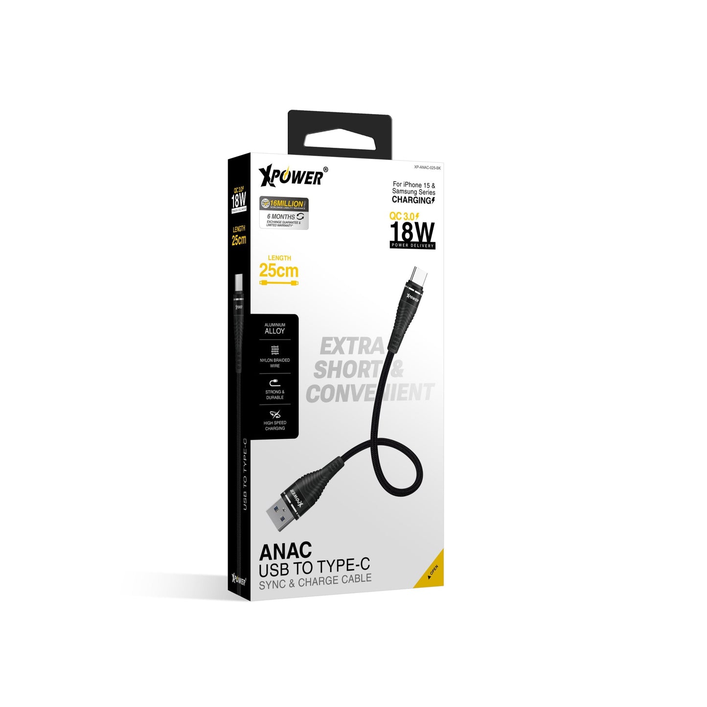 ANAC 25cm鋁合金高速傳輸充電USB>Type-C線