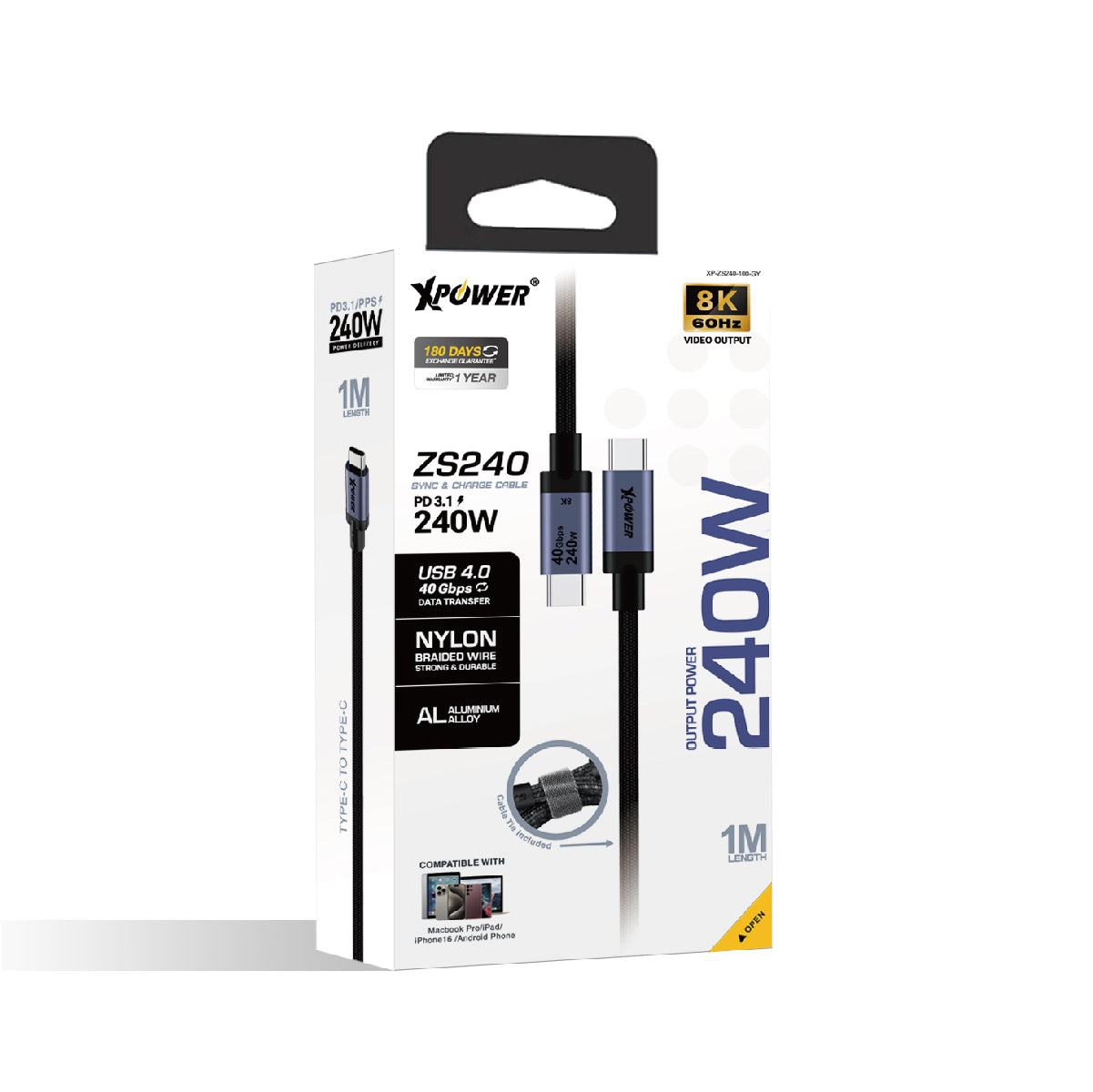 ZS240 1M鋁合金240W USB4.0 40GB 8K 高速傳輸充電線