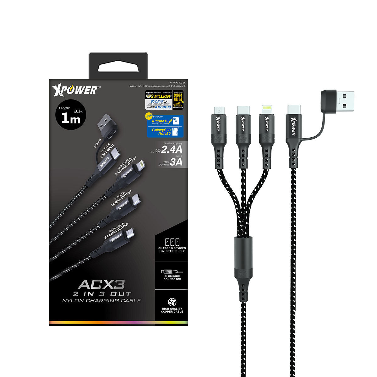 ACX3 2in 3out Nylon Charging Cable 1m