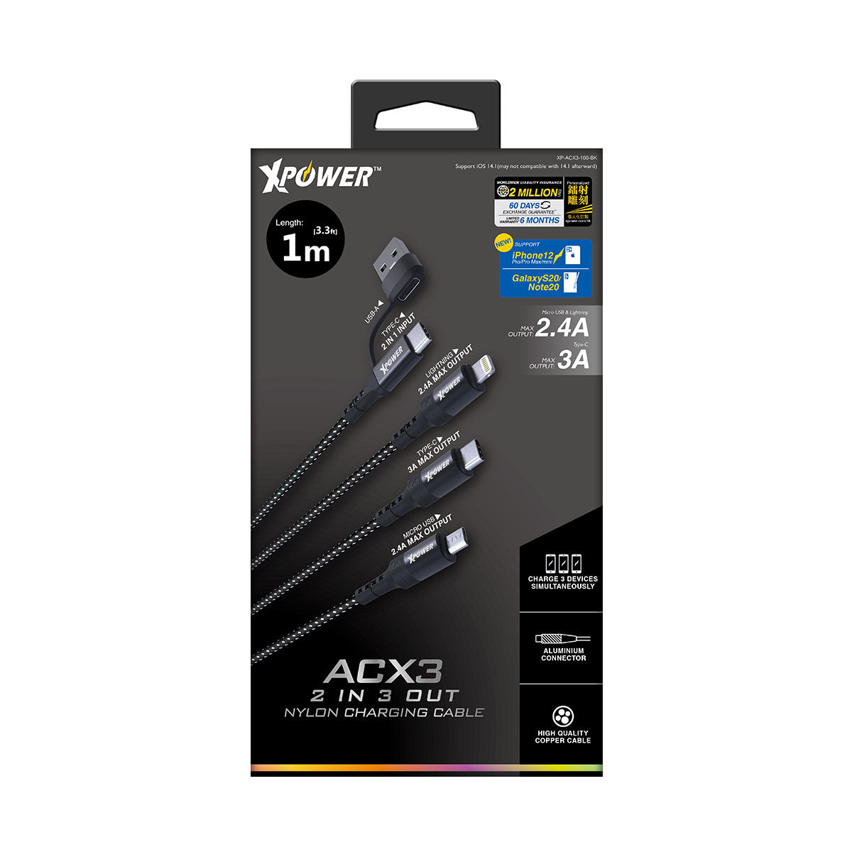 ACX3 2in 3out Nylon Charging Cable 1m