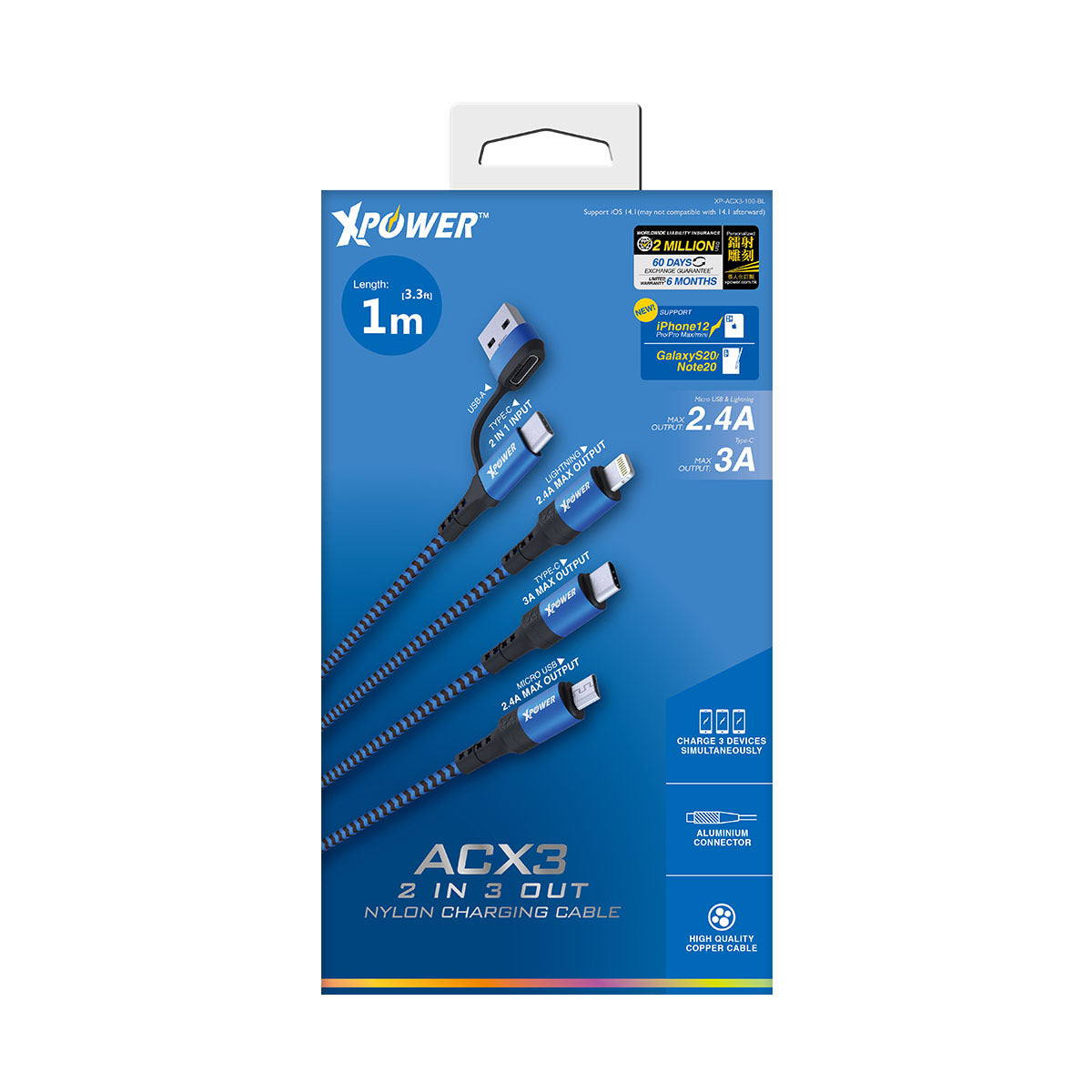 ACX3 2in 3out Nylon Charging Cable 1m