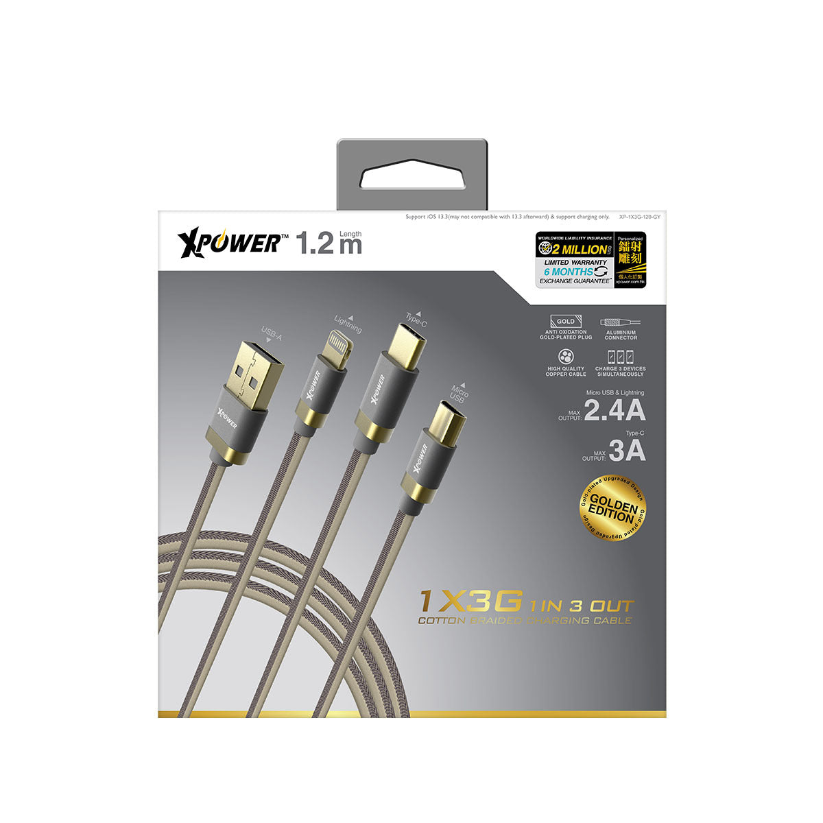 1X3G 1.2m 1in 3Out Cotton Braided Charging Cable
