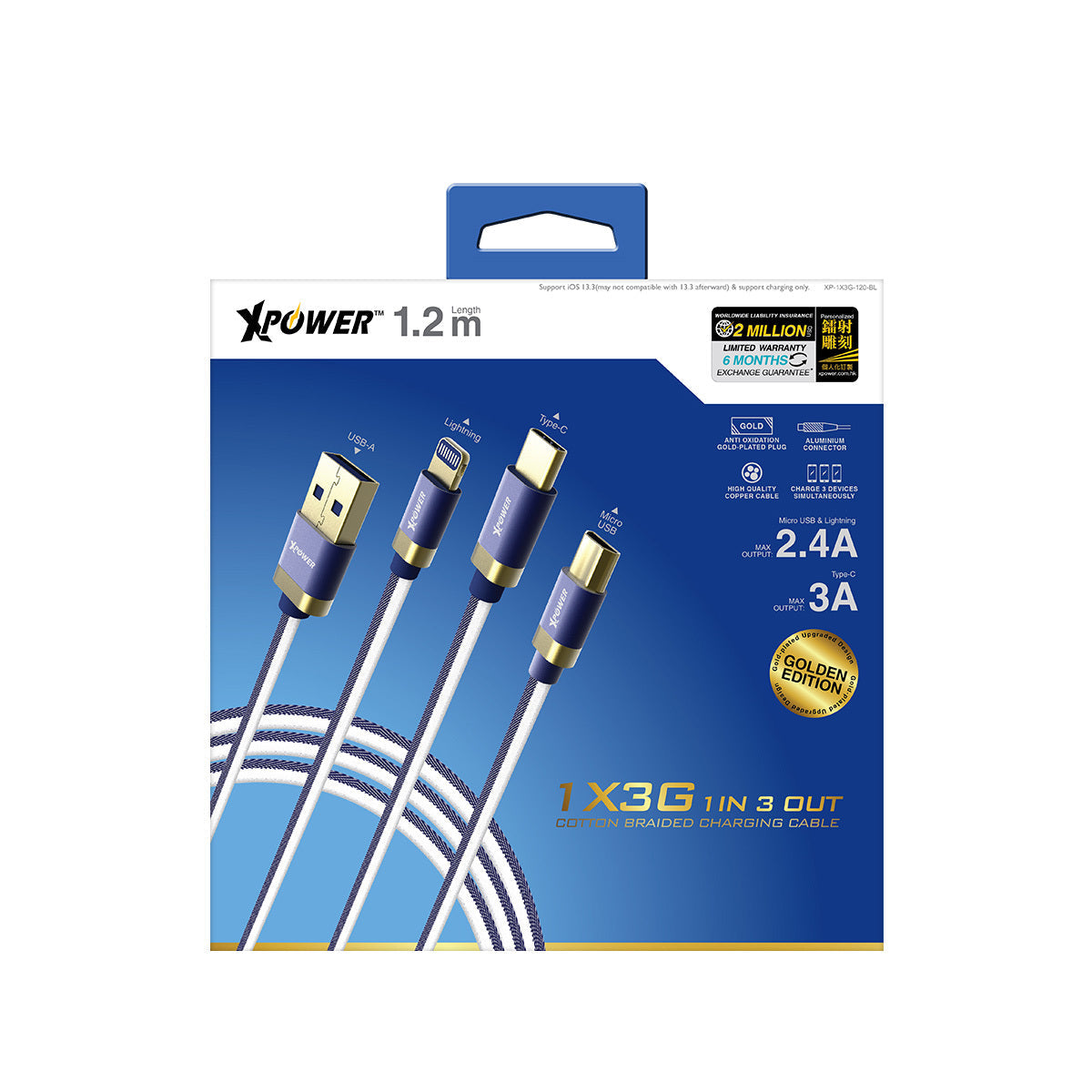 1X3G 1.2m 1in 3Out Cotton Braided Charging Cable