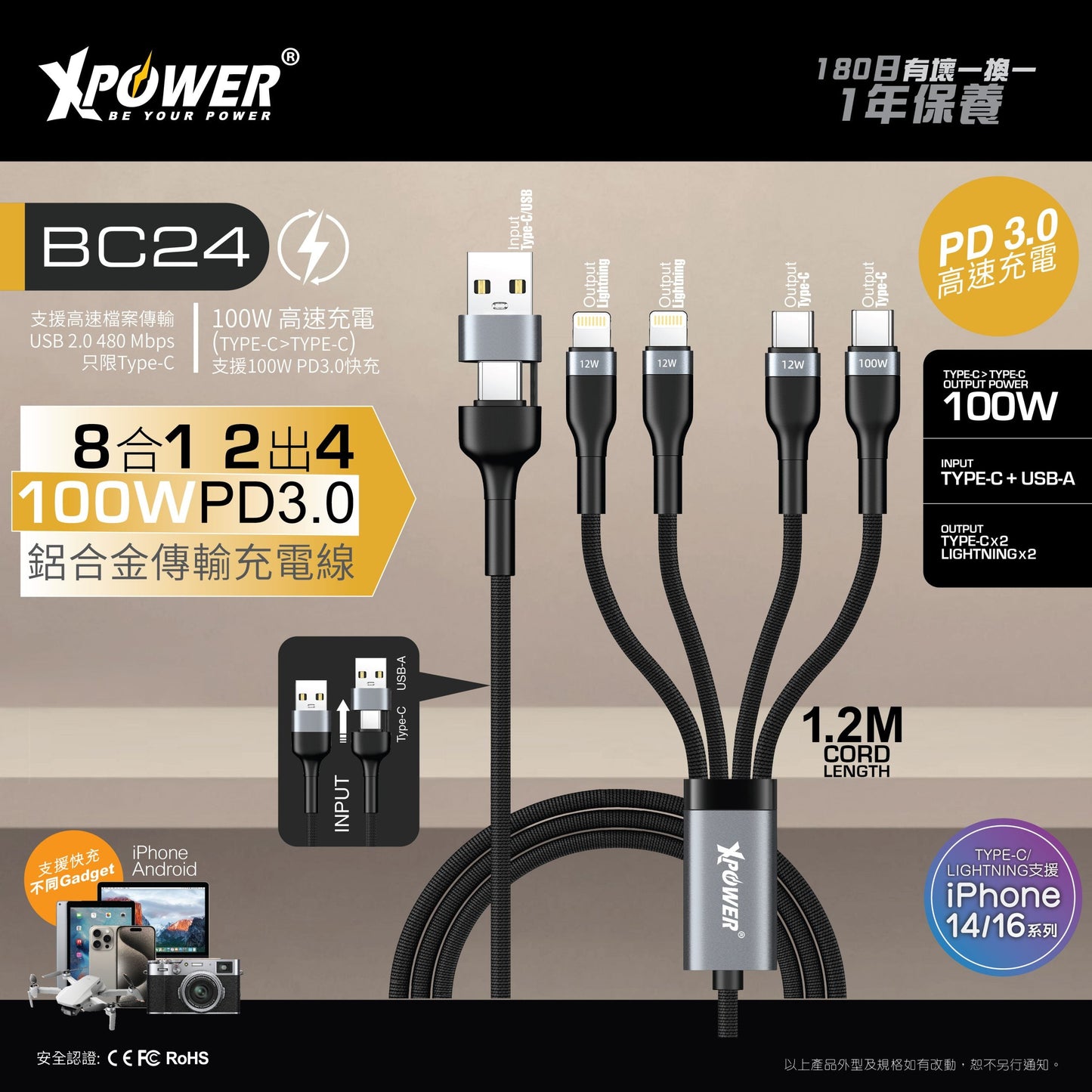BC24 8合1 2出4100W PD3.0 鋁合金傳輸快速充電線