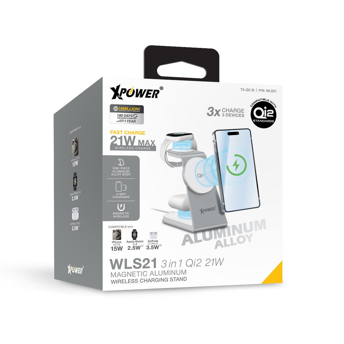 WLS21 3合1 Qi2 21W 磁吸鋁合金無線充電座