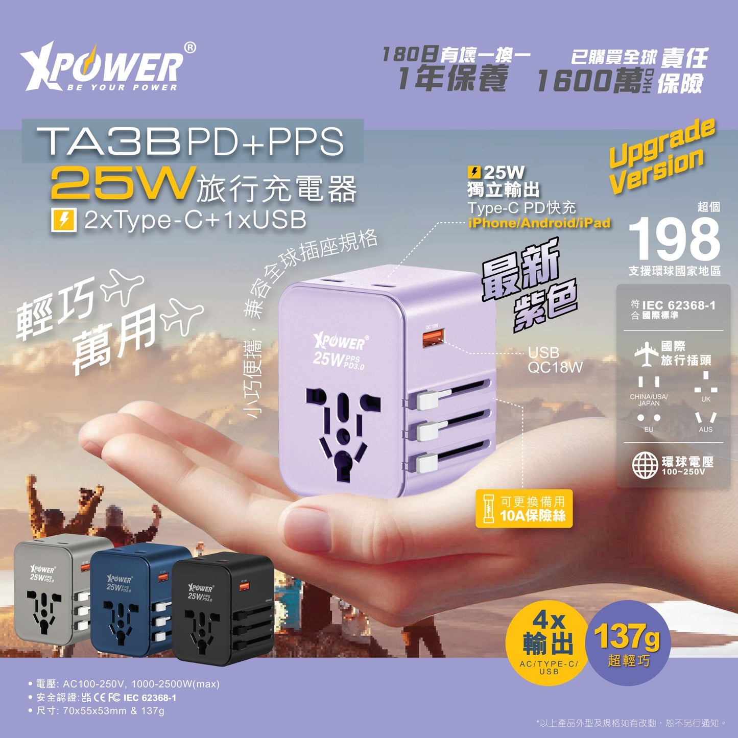 TA3B 25W 4輸出 PD 3.0/PPS旅行充電器