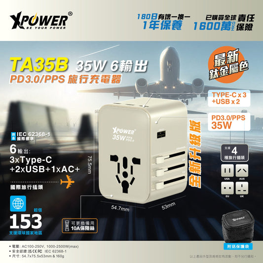 TA35B 35W 6輸出 PD 3.0/PPS旅行充電器