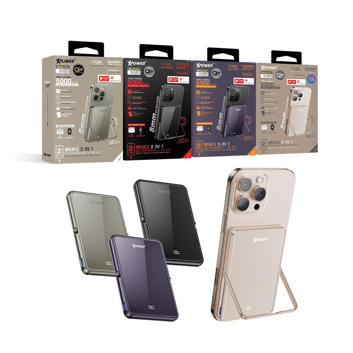 M5K2 5合1鋅合金支架數顯 5000mAh PD3.0+QI2 磁吸移動電源
