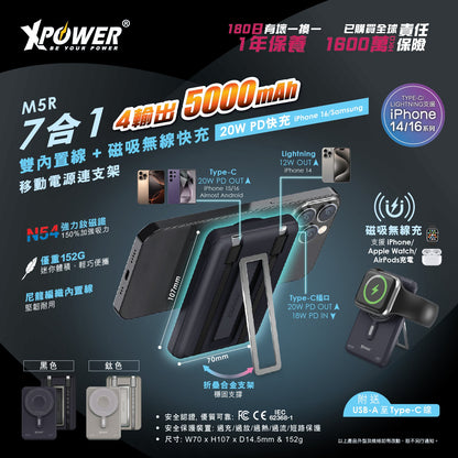 M5R 7合1 5000mAh PD3.0 雙內置線+磁吸無線移動電源連支架