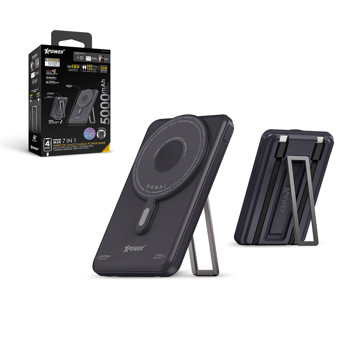 M5R 7合1 5000mAh PD3.0 雙內置線+磁吸無線移動電源連支架