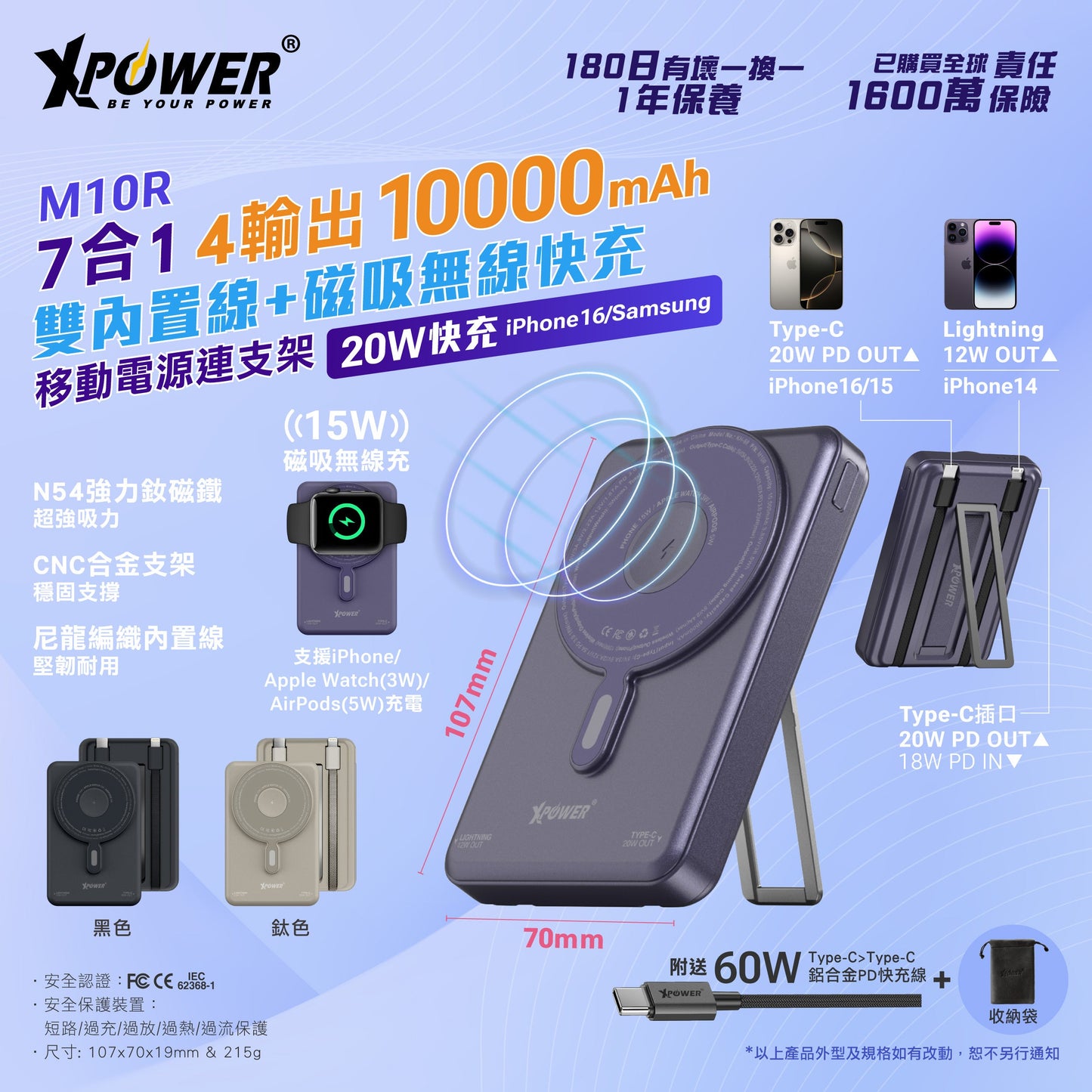 M10R 7合1 10000mAh PD 3.0雙內置線+磁吸無線移動電源連支架