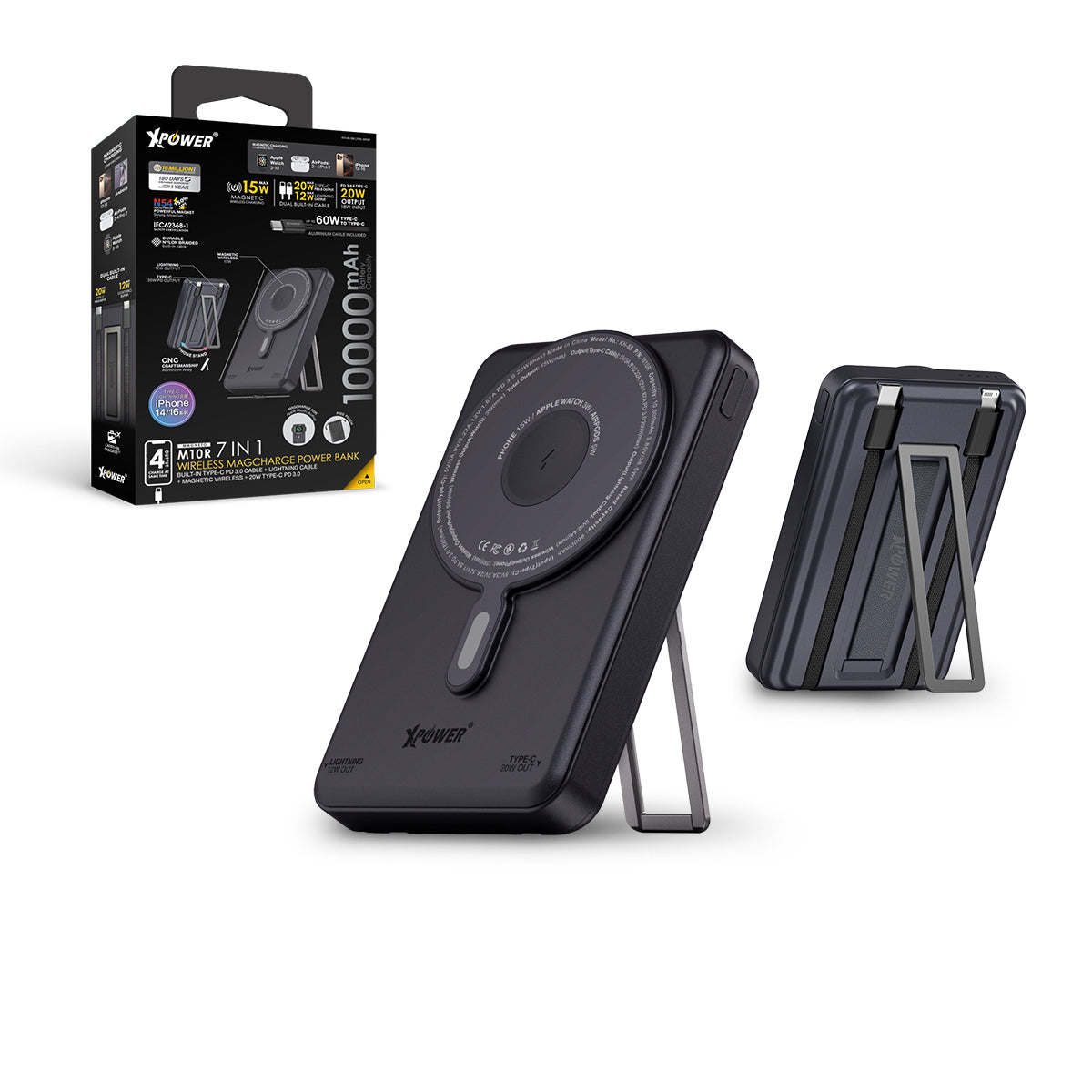 M10R 7合1 10000mAh PD 3.0雙內置線+磁吸無線移動電源連支架
