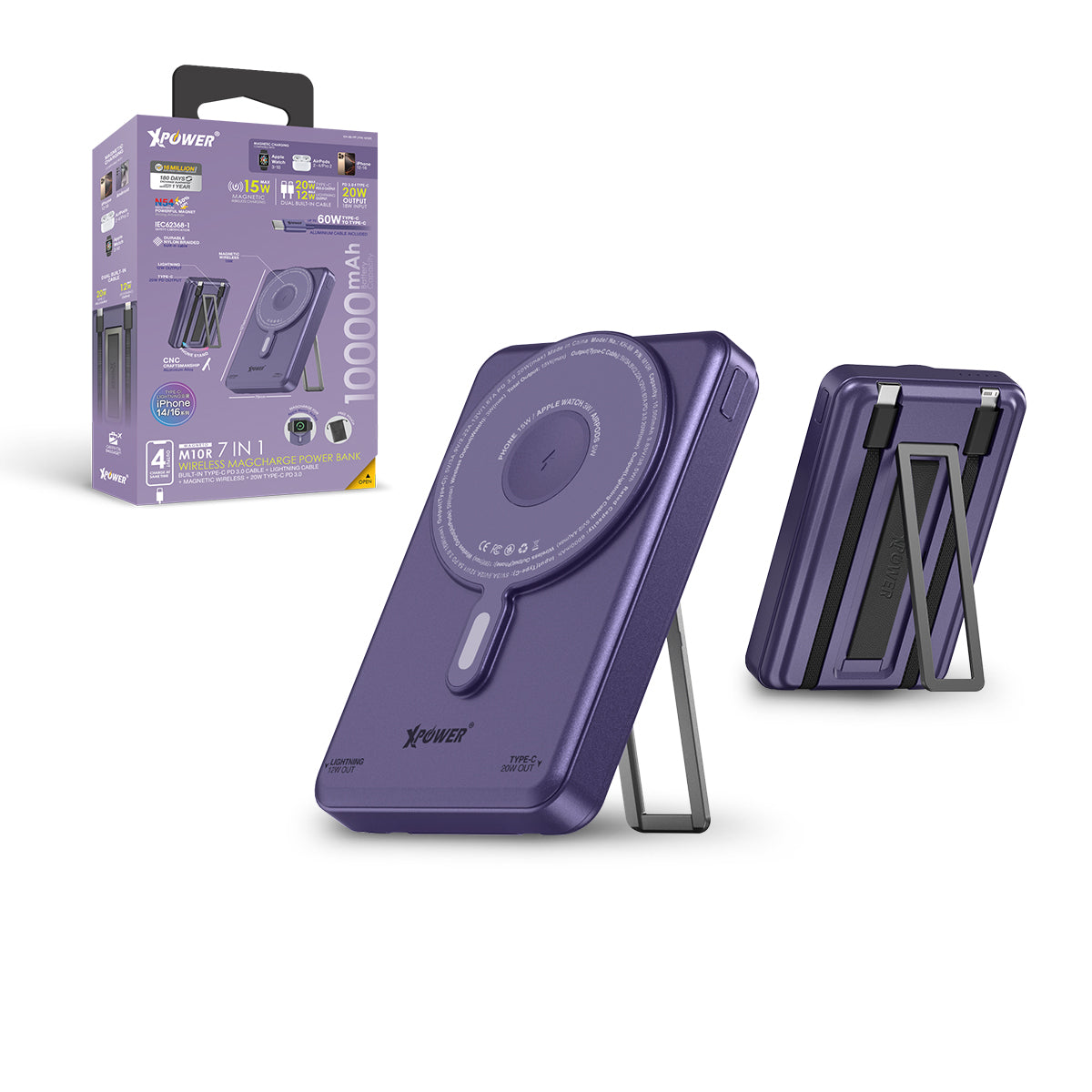 M10R 7合1 10000mAh PD 3.0雙內置線+磁吸無線移動電源連支架