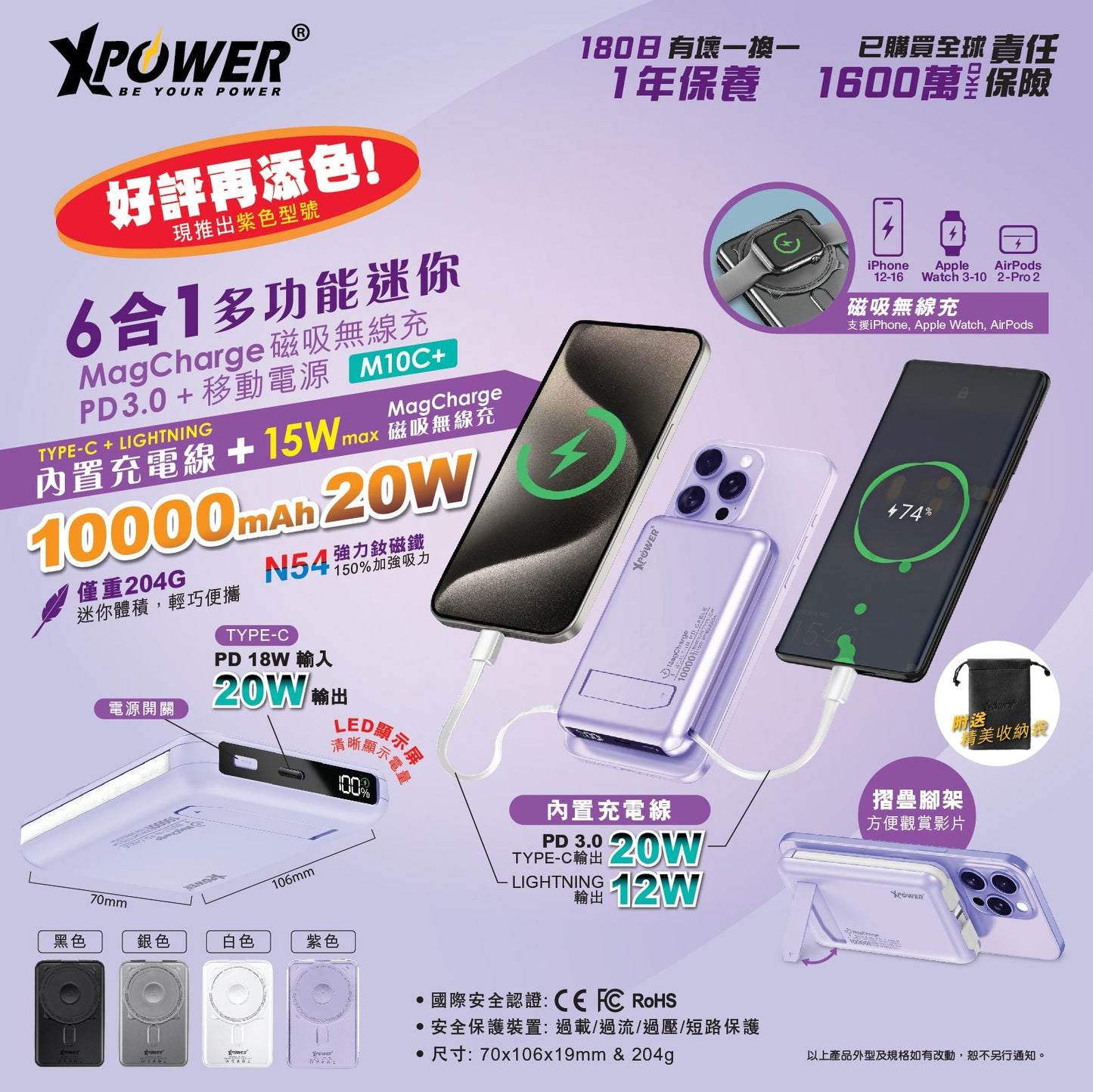 M10C+ 6合1多功能數顯10000mAh 20W PD3.0 + 磁吸無線移動電源