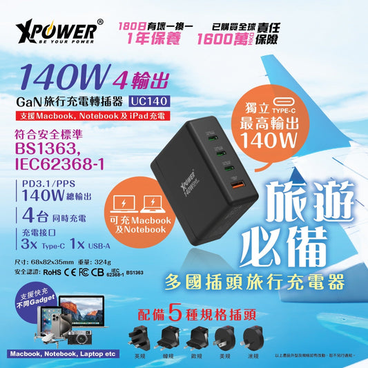 UC140 4合1 140W PD3.1 GaN 旅行充電器