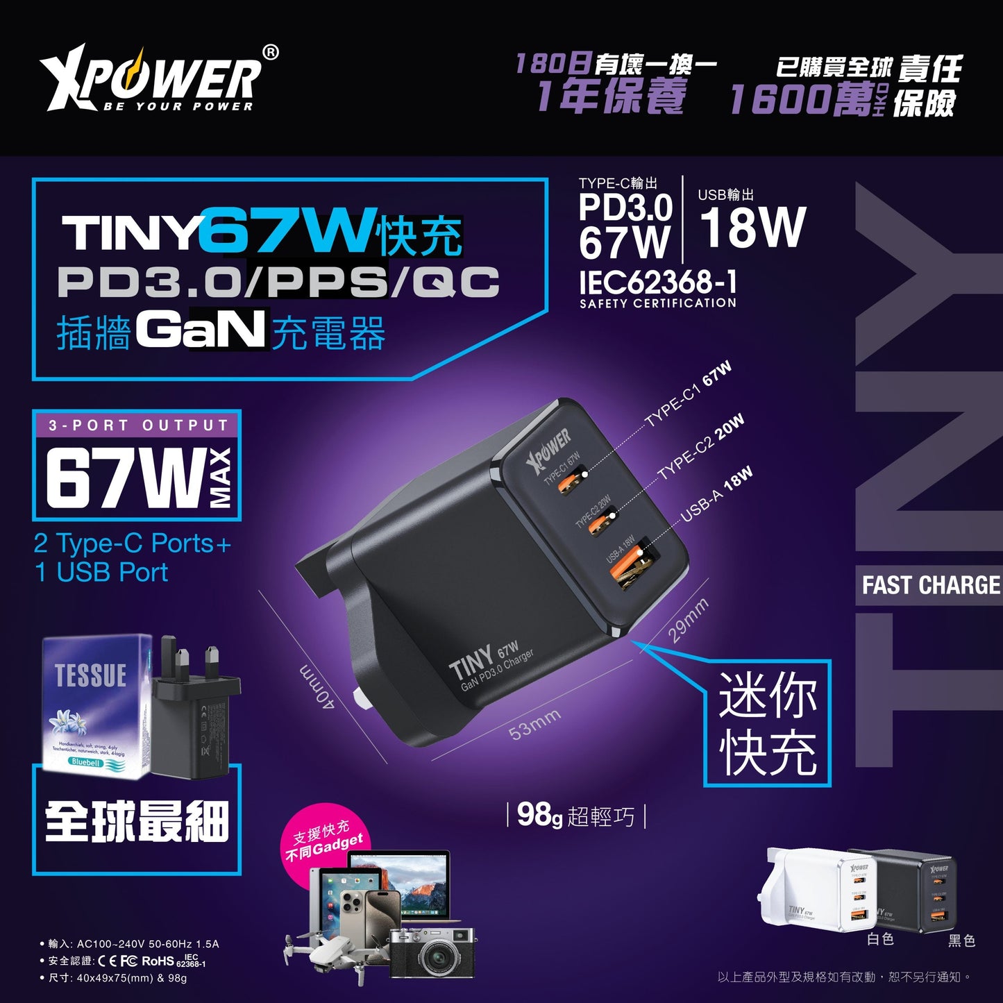 TINY 67W PD3.0/PPS/QC 迷你快充插牆GaN充電器