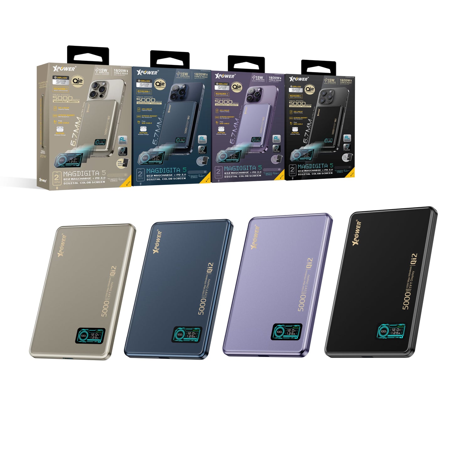 MagDigita5 彩屏顯示磨沙玻璃外殼 5000mAh PD3.0+QI2磁吸移動電源
