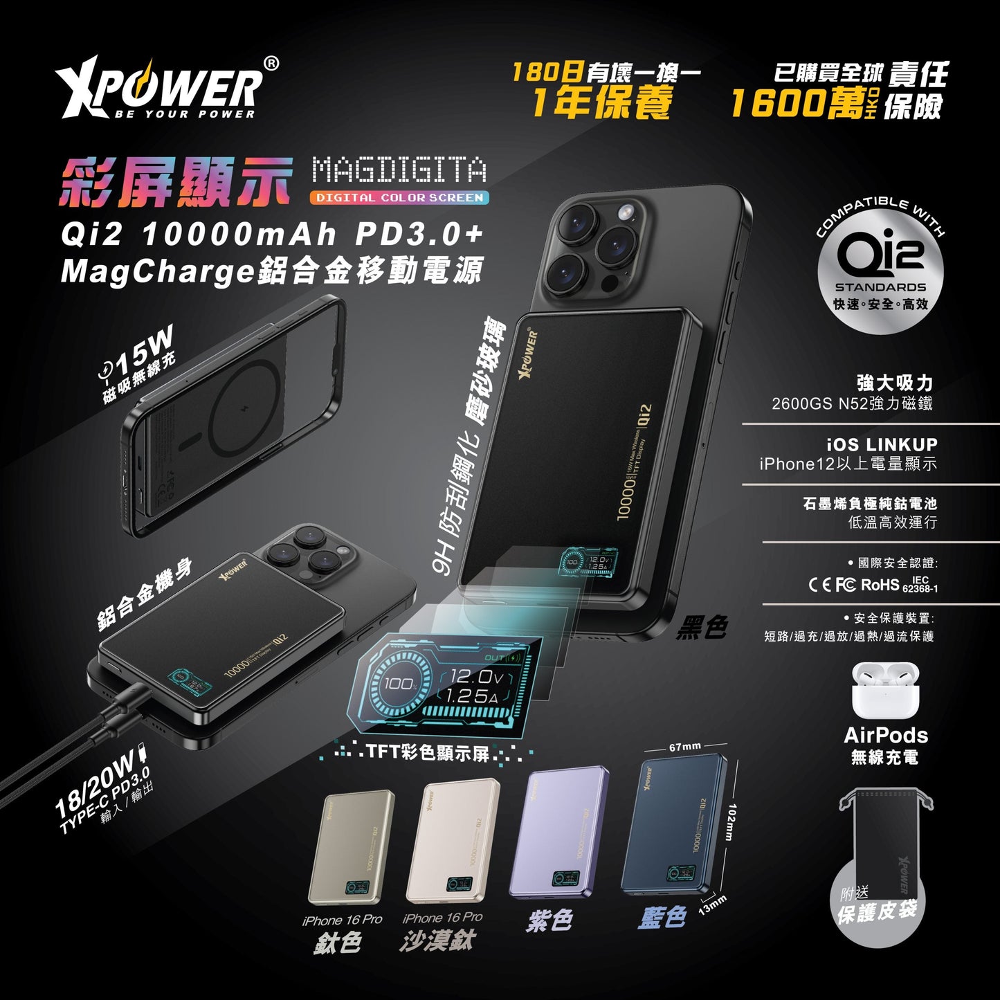 MagDigita 彩屏顯示磨沙玻璃外殼 10000mAh PD3.0+QI2磁吸移動電源