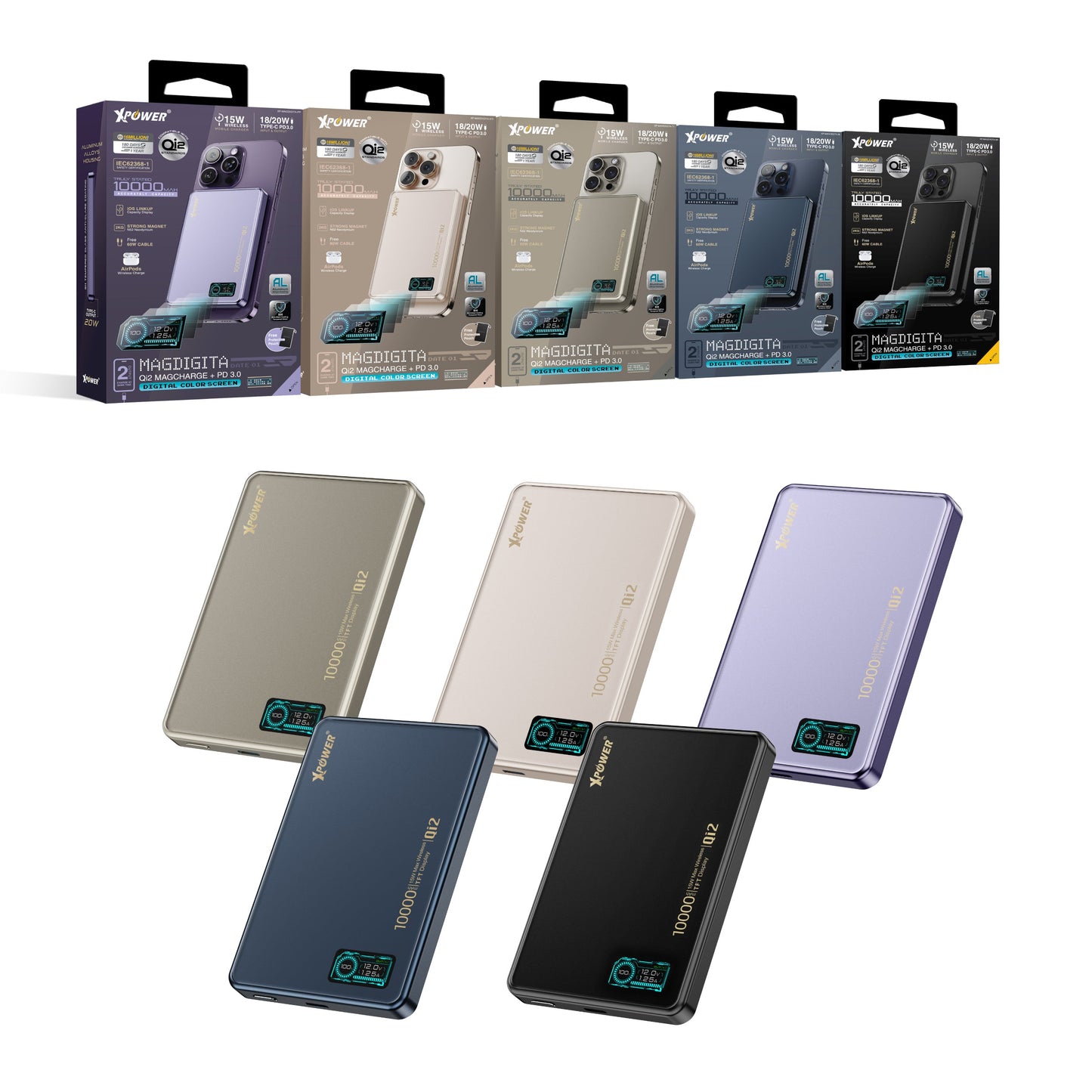 MagDigita 彩屏顯示磨沙玻璃外殼 10000mAh PD3.0+QI2磁吸移動電源