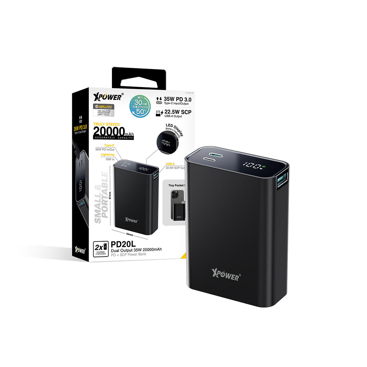 PD20L 2輸出 35W LED顯示 20000mAh PD+SCP充電器