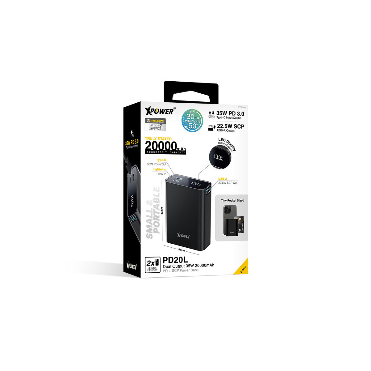 PD20L 2輸出 35W LED顯示 20000mAh PD+SCP充電器