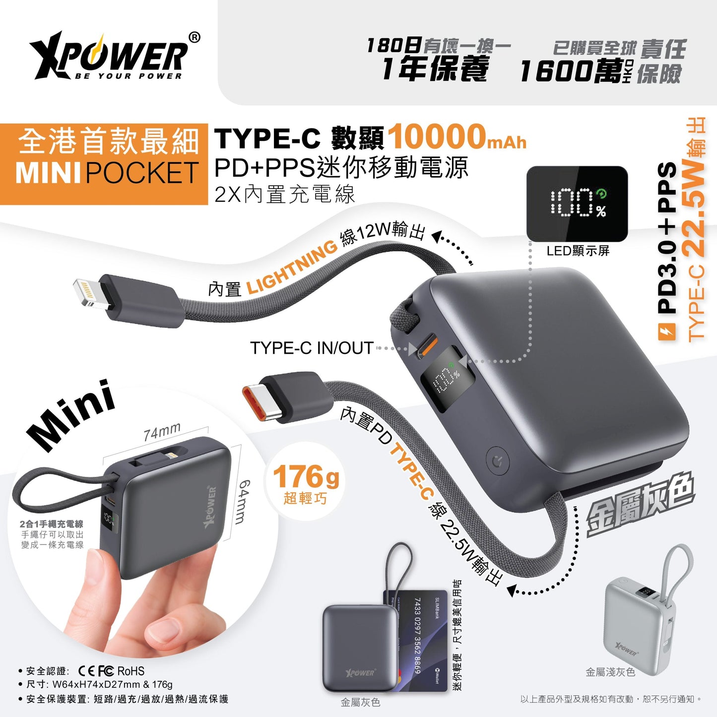 MINI POCKET Type-C 數顯10000mAh  PD+PPS迷你移動電源