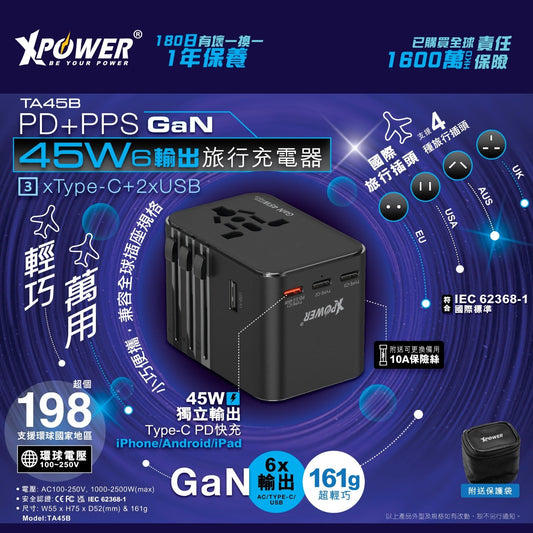 TA45B 6輸出 45W PD/PPSGaN旅行充電器