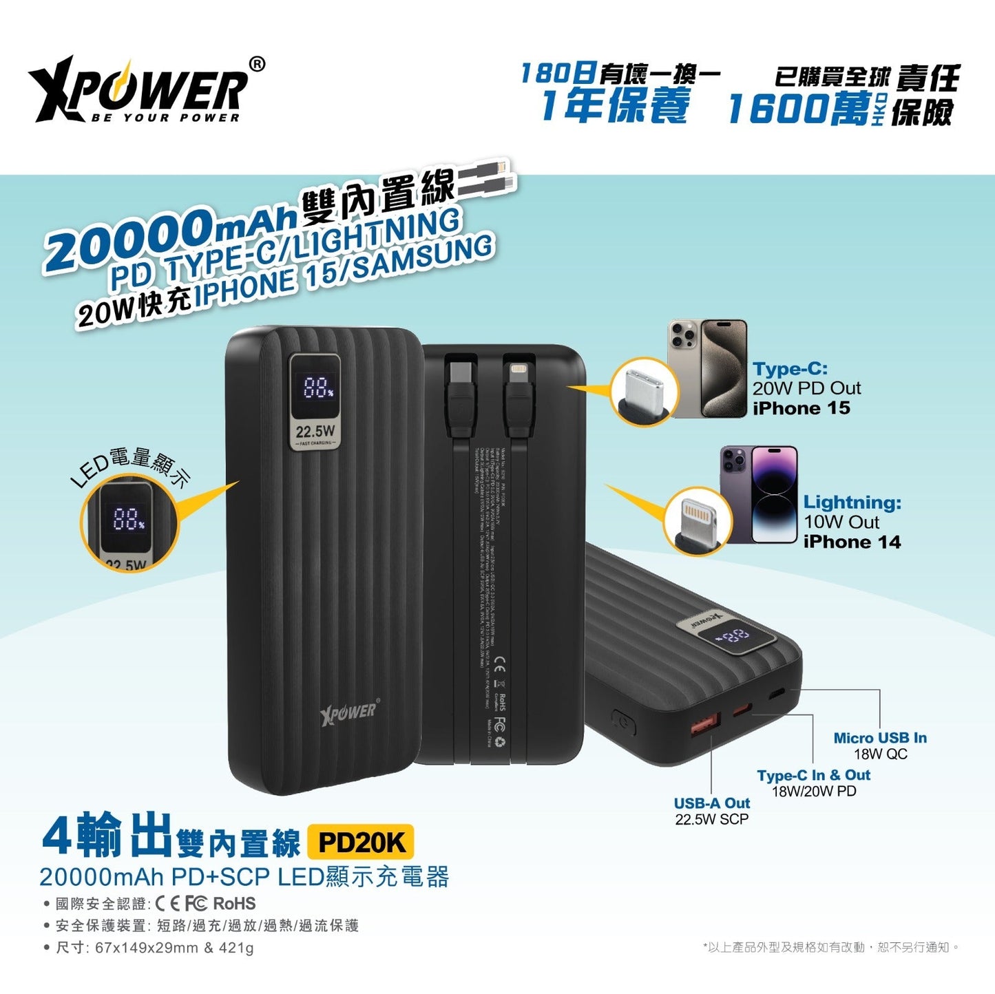 PD20K 4輸出雙內置線Type-C &amp; Lightning 20000mAh 充電器