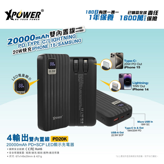 PD20K 4輸出雙內置線Type-C &amp; Lightning 20000mAh 充電器