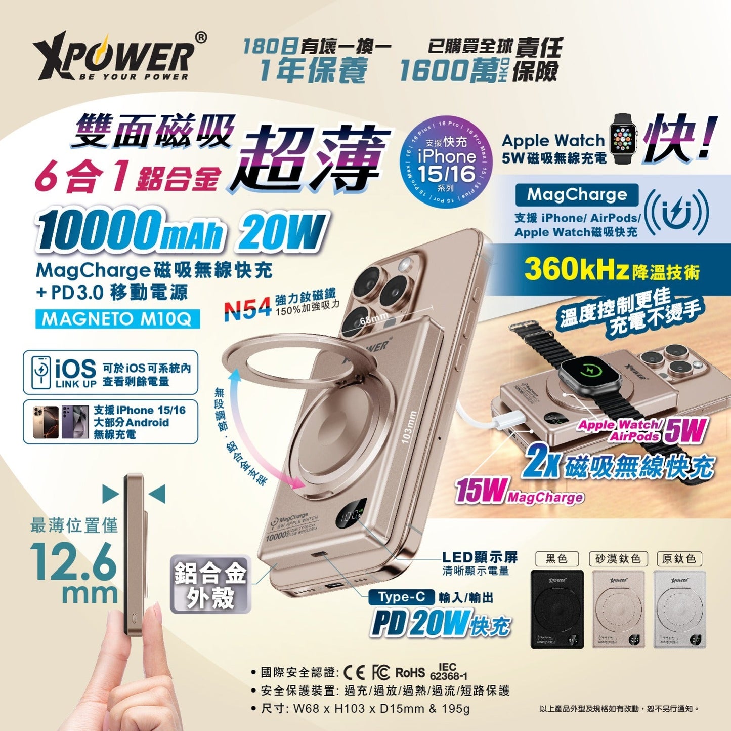MAGNETO M10Q 6合1 超薄鋁合金數顯10000mAh 15W&amp;5W 移動電源