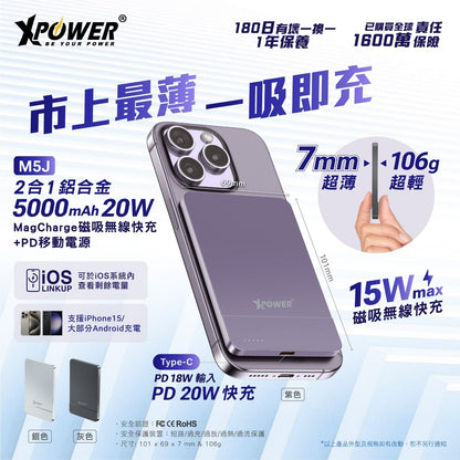 M5J 2合1超薄鋁合金5000mAh 15W無線快充 + 20W PD移動電源