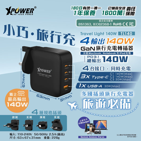 TL140 Travel Light 140W 4輸出PD3.1 GaN 旅行充電器