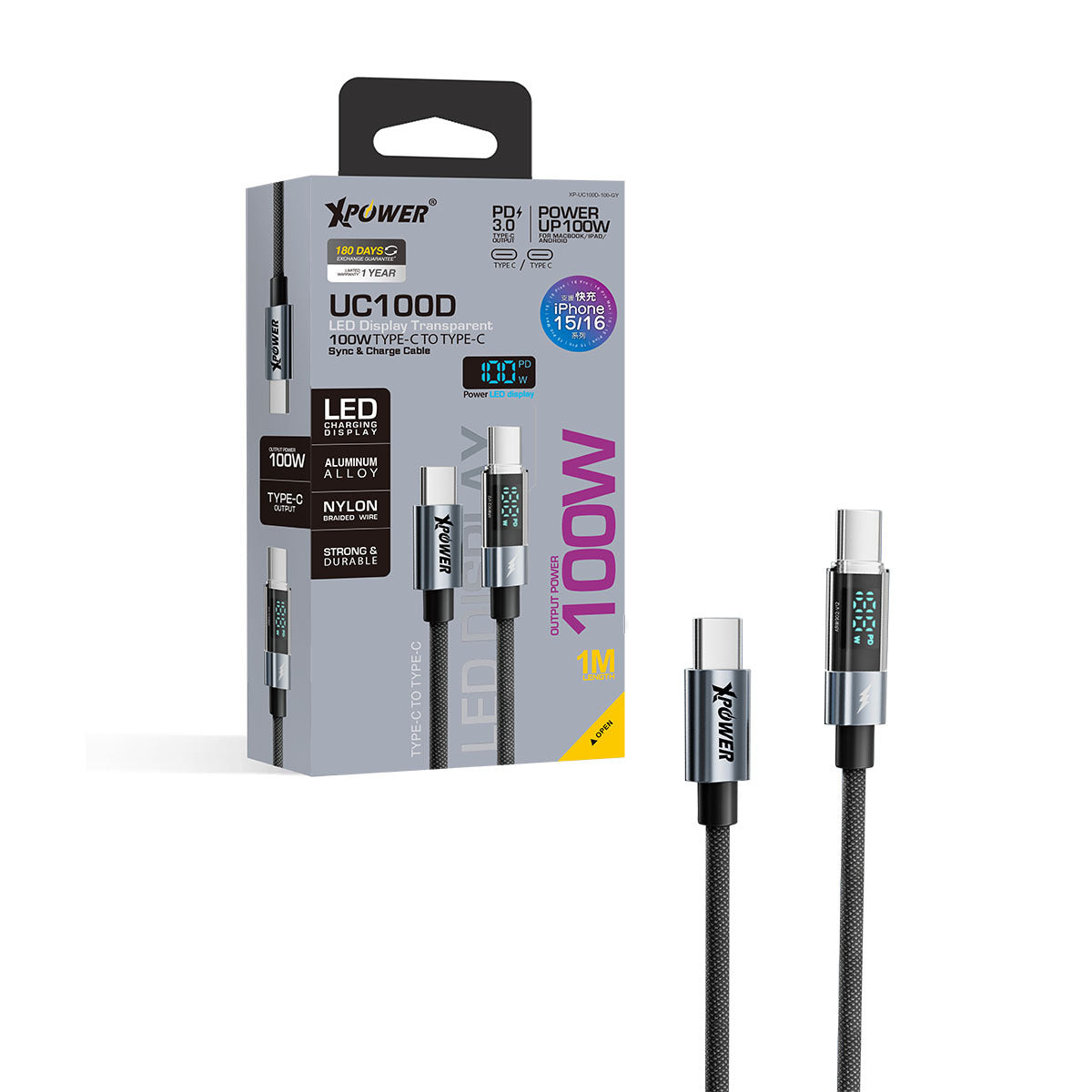 UC100D 1M LED顯示100W高速傳輸充電 Type-C&gt;Type-C線