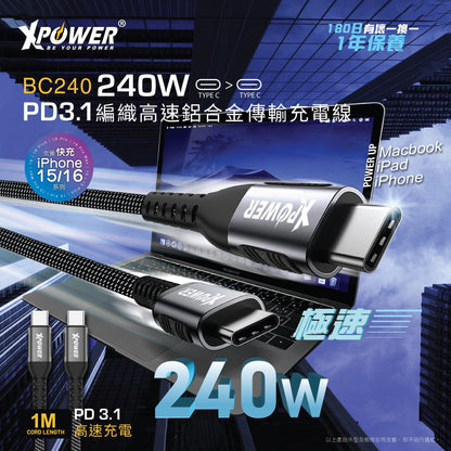 BC2401M 鋁合金 240W PD3.1 編織高速傳輸充電 Type-C&gt;Type-C線
