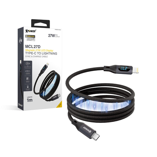 MCL27D 1M 磁吸收納 LED顯示 鋁合金27W高速傳輸充電C&gt;L線