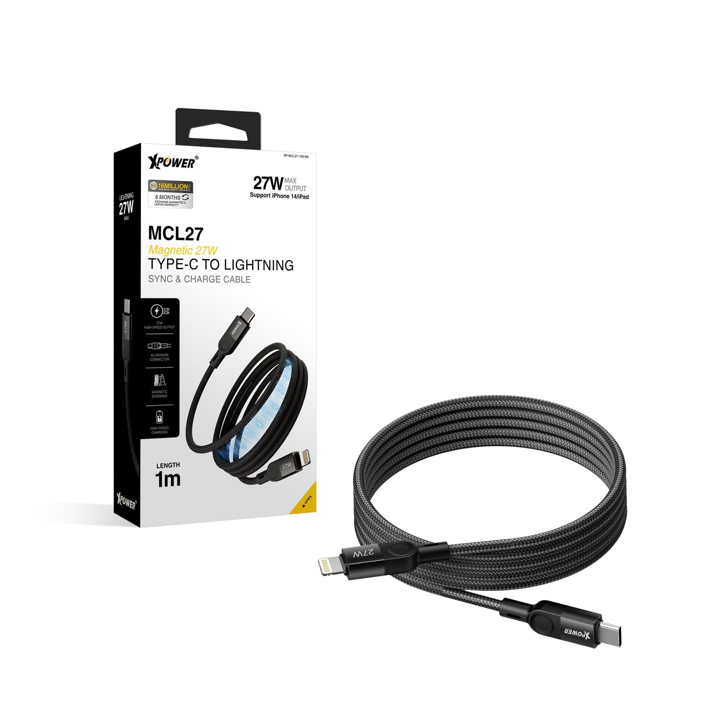 MCL27 1M磁吸收納鋁合金27W高速傳輸充電Type-C&gt;Lightning線