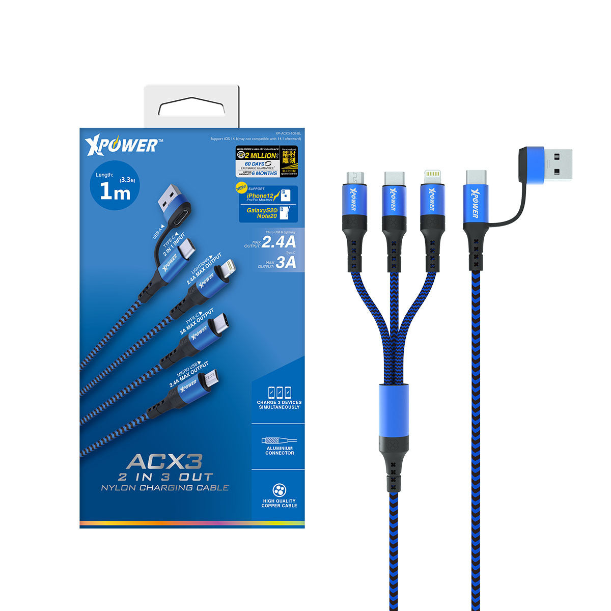 ACX3 2in 3out Nylon Charging Cable 1m