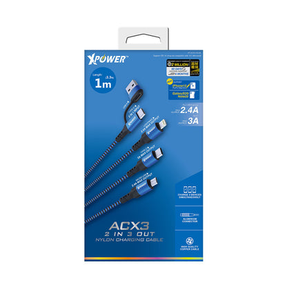 ACX3 2in 3out Nylon Charging Cable 1m